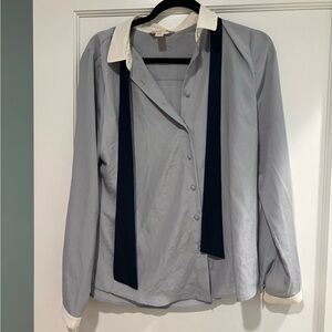 Brooks Brothers Grey and Navy Button-Up Blouse
